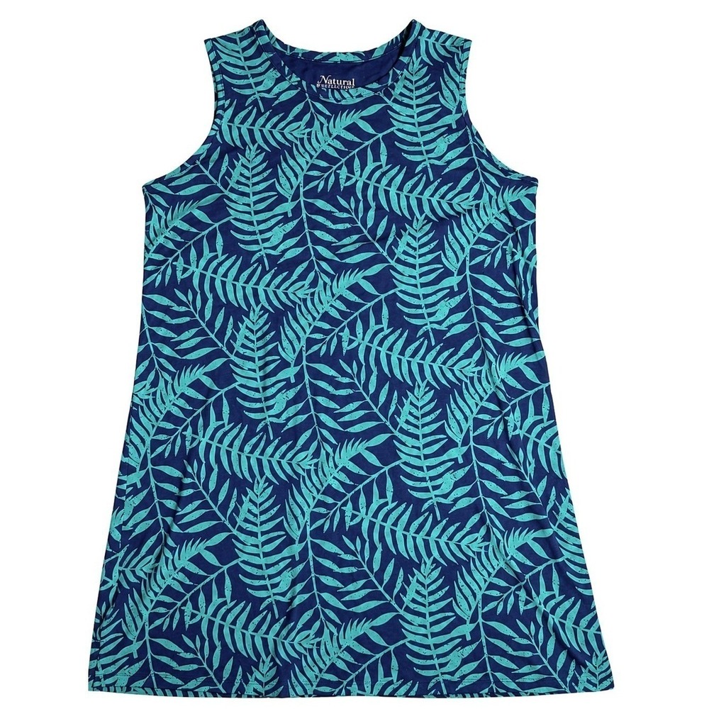 Natural Reflections Tropical Leaf Tank Dress M Blue Teal Resort Beach Cover Up